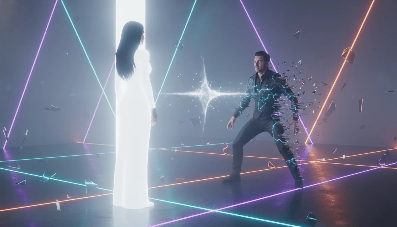 Deux personnages en interaction dans un décor futuriste vibrant.