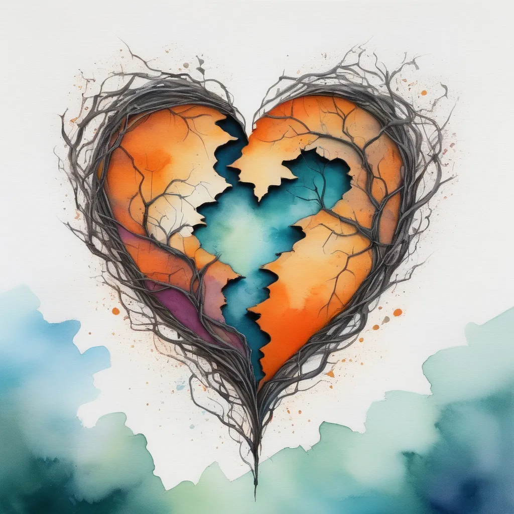 Illustration d’un cœur brisé entouré de branches, symbolisant la complexité et les épreuves dans le respect de soi en amour.