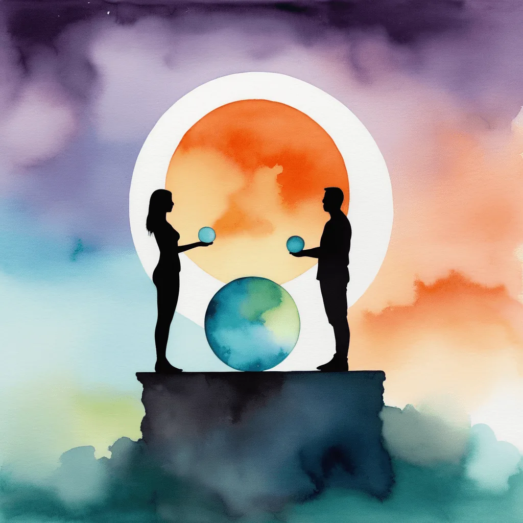 Silhouettes d'un homme et d'une femme se tenant face à face avec des sphères lumineuses, symbolisant l'équilibre et le respect de soi dans une relation amoureuse.