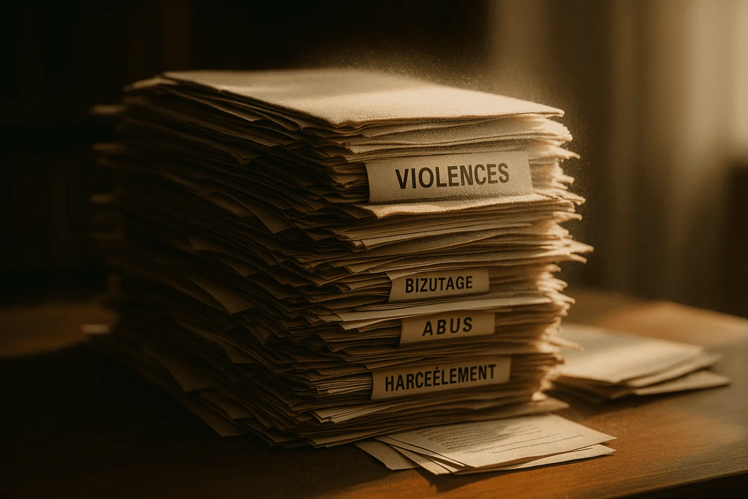 Pile de dossiers poussiéreux étiquetés violences, bizutage, abus et harcèlement, illustrant les scandales institutionnels accumulés et non traités.