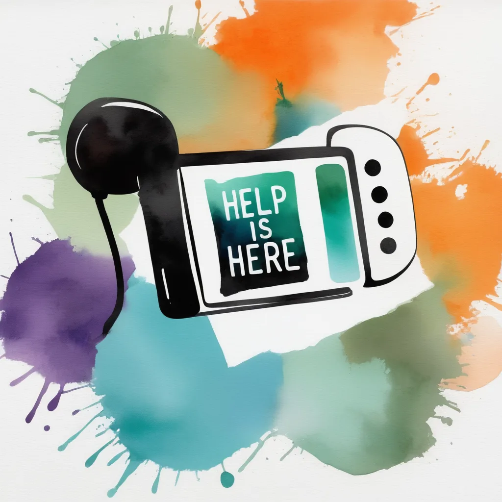 Illustration d’un téléphone avec le message "Help is here" affiché sur l’écran, entouré de tâches colorées, symbolisant la disponibilité d’aide pour les personnes dans des relations manipulatrices.