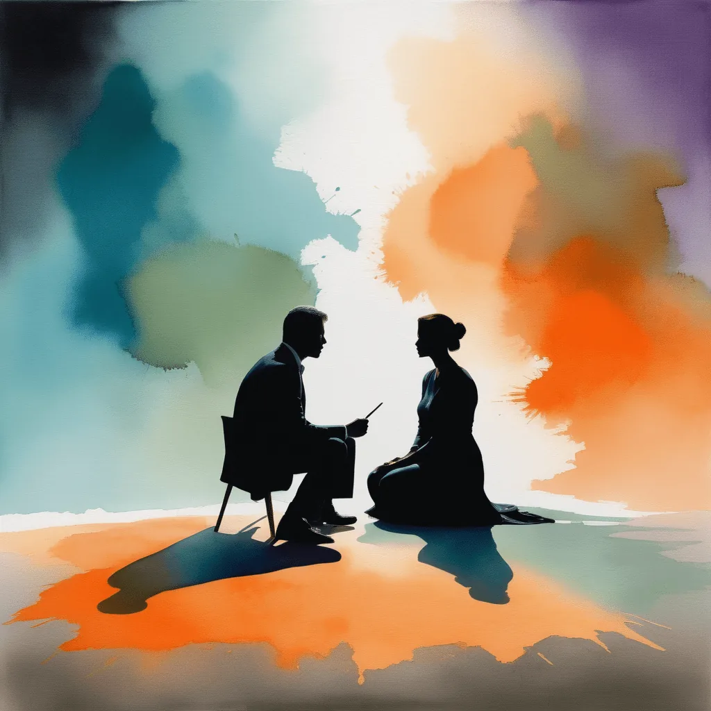Silhouette d'un homme et d'une femme discutant dans une ambiance abstraite aux couleurs vives, représentant les signes de manipulation dans une relation.