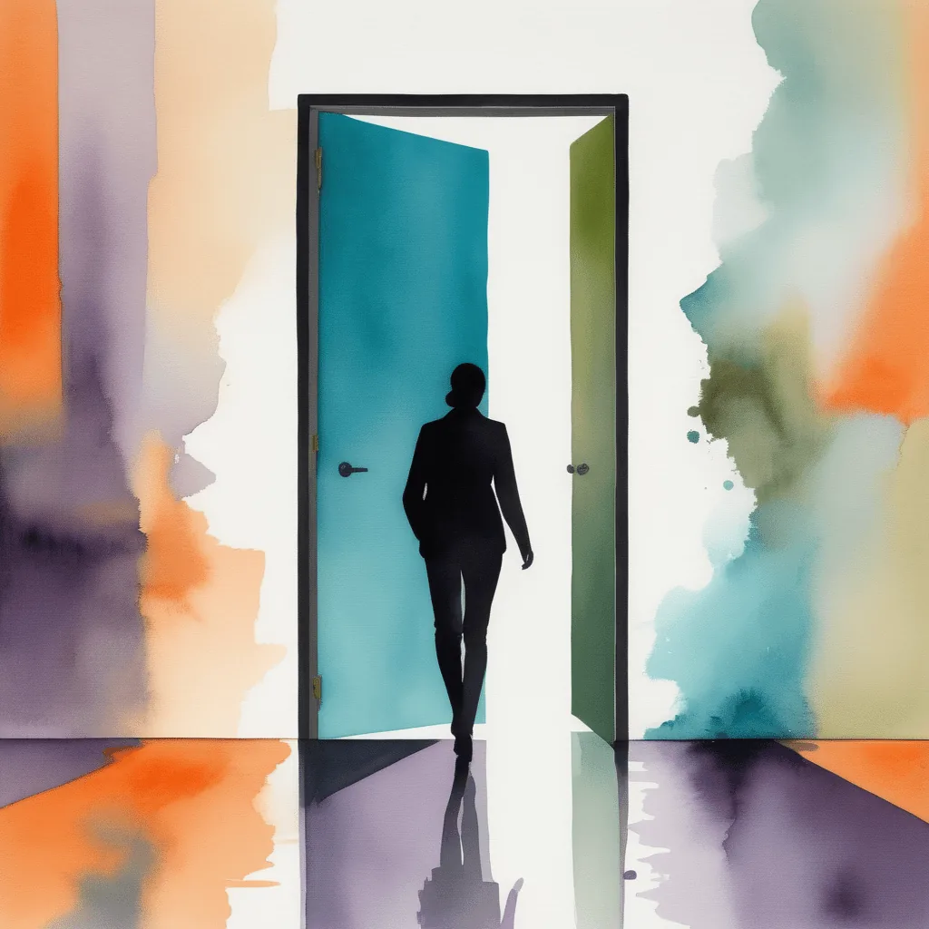 Silhouettes d'un homme et d'une femme s'éloignant l'un de l'autre dans un décor brumeux et coloré, symbolisant la distance émotionnelle dans une relation manipulatrice.