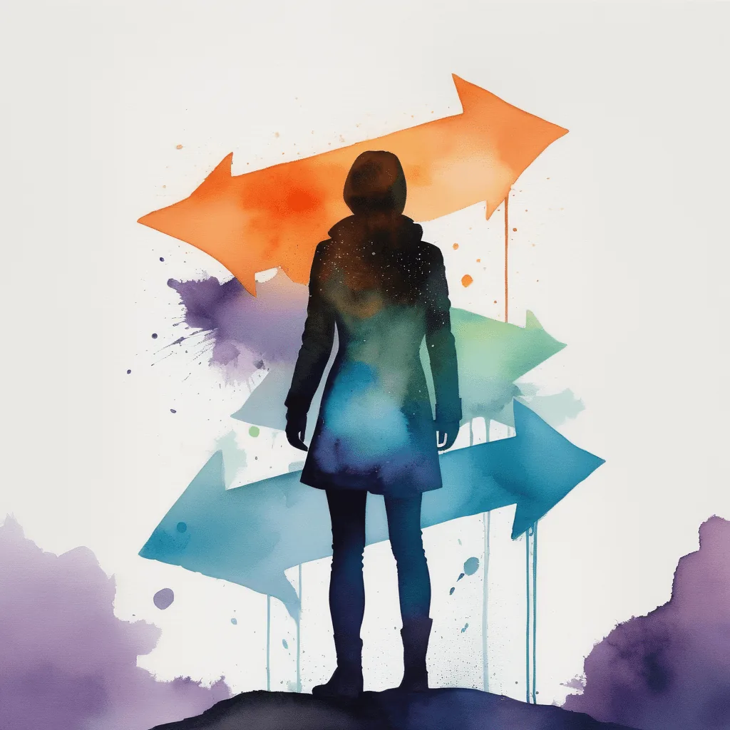 Silhouette d'une femme devant des flèches multicolores pointant dans des directions opposées, symbolisant la confusion et l’indécision dans une relation manipulatrice.
