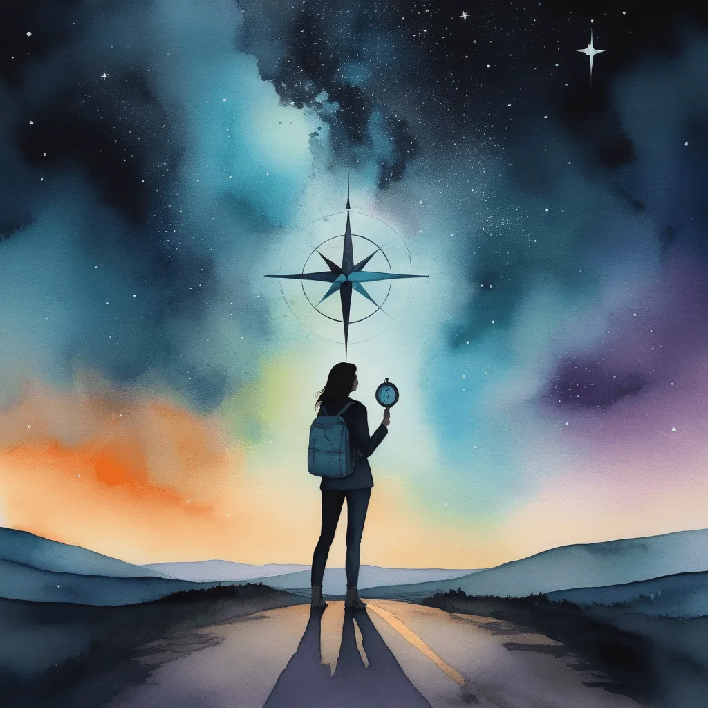 Silhouette d'une femme portant un sac à dos et tenant une boussole, sous un ciel étoilé avec une grande rose des vents, symbolisant la recherche de direction dans une relation manipulatrice.
