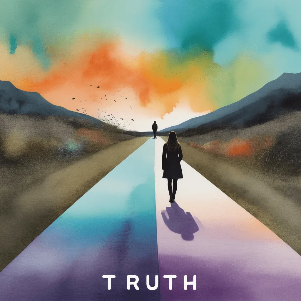 Silhouettes d'une femme marchant sur une route vers un homme au loin, avec un ciel coloré en arrière-plan et le mot "Truth" en bas, symbolisant la quête de vérité dans une relation manipulatrice.