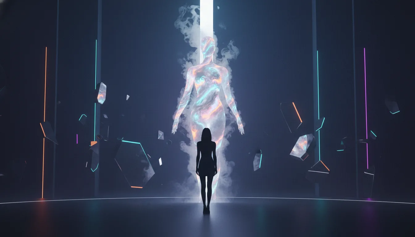 Femme silhouette entourée de nébuleuses et de formes géométriques.