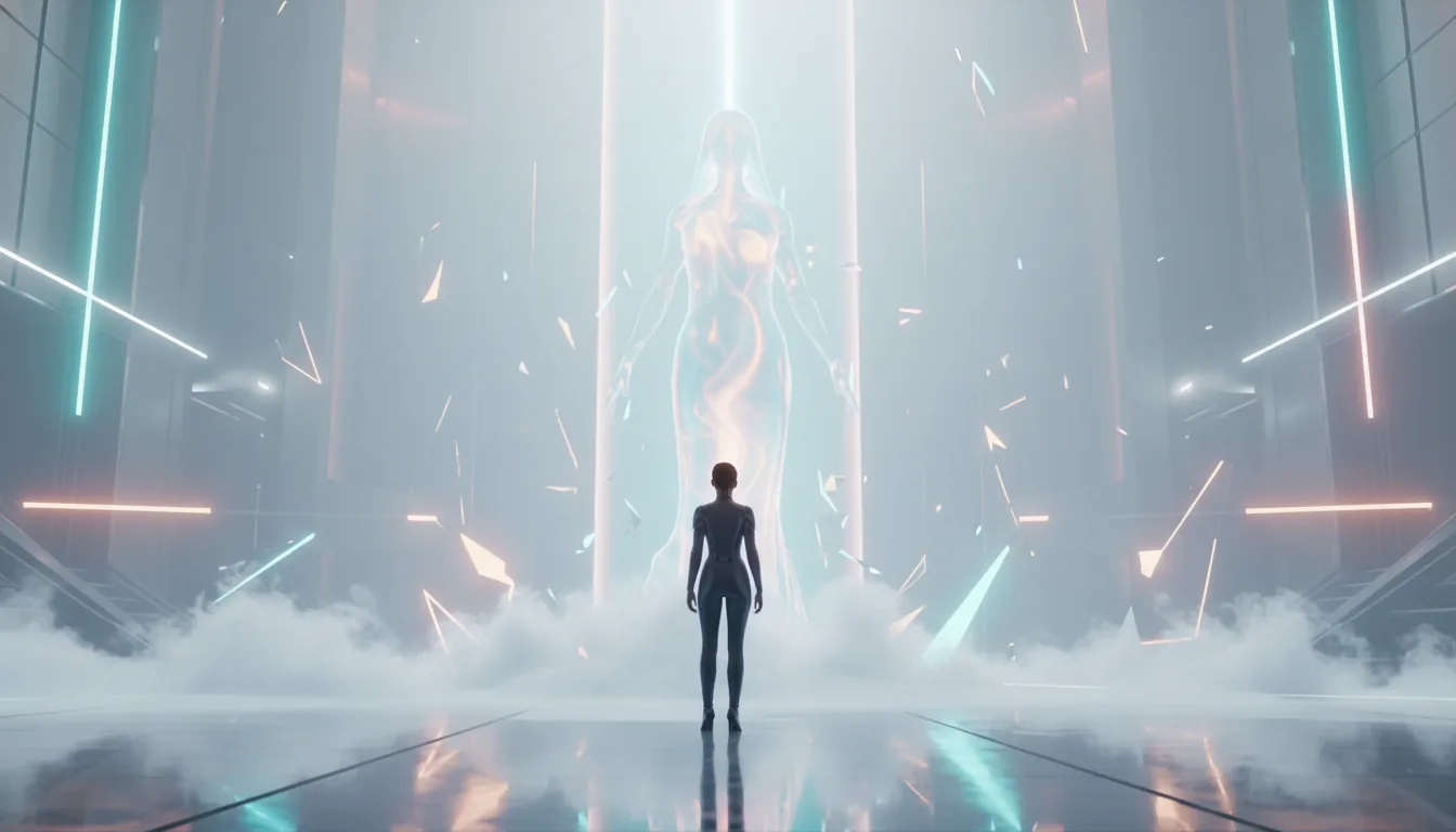 Silhouette humaine devant une figure holographique dans un espace futuriste.