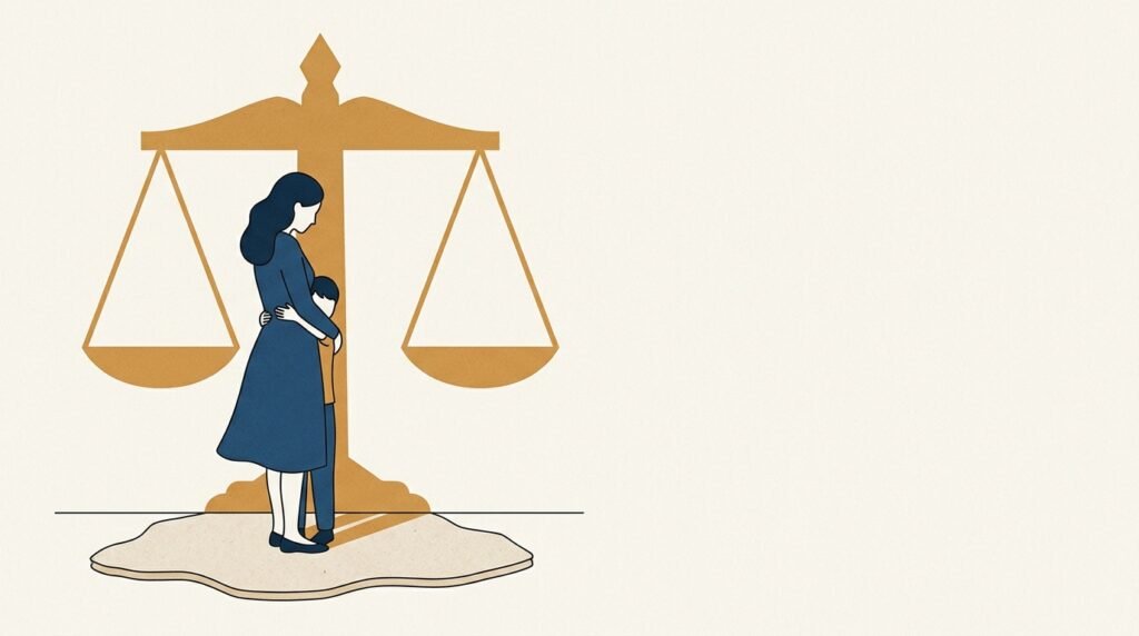 Illustration ligne claire d'une silhouette féminine dans une scène de justice, aplats colorés