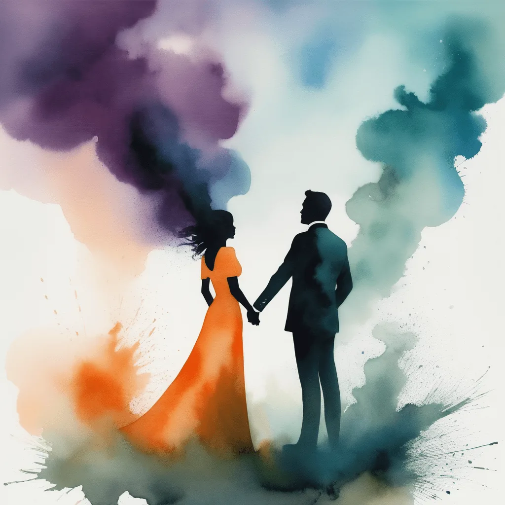 Silhouettes d'un couple se tenant la main, entourées de nuages de couleur abstraits. Illustration évoquant les dynamiques cachées de la psychologie noire dans les relations.