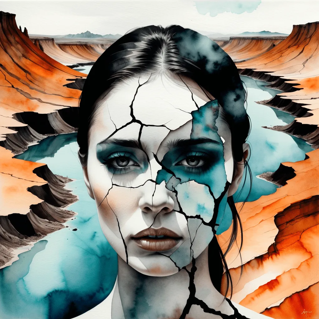 Illustration surréaliste d’une femme dont le visage est parcouru de fissures, fusionnant avec un paysage fracturé. L’image représente les failles psychologiques profondes exploitées par le chantage émotionnel.