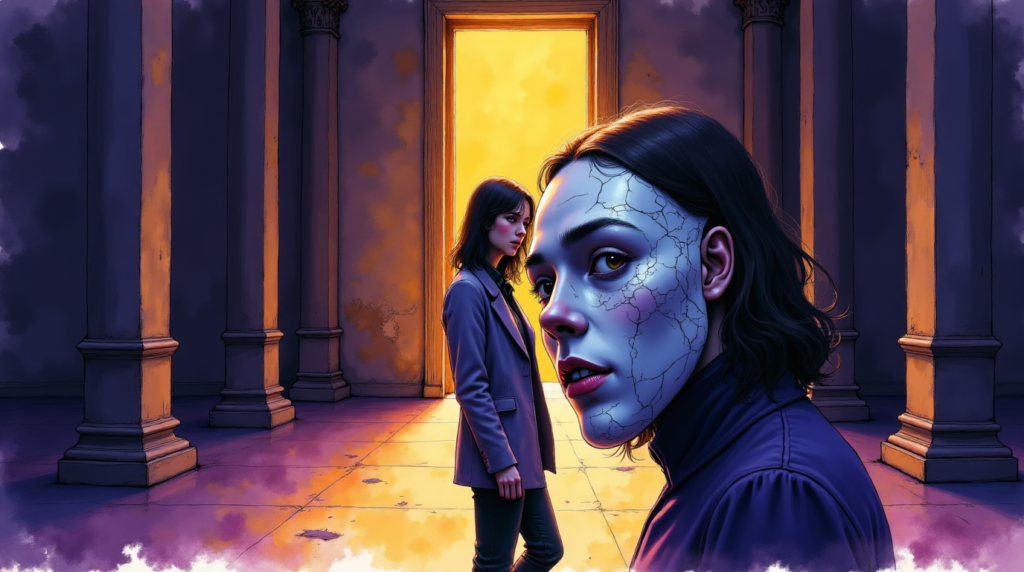 femme attirée par un homme magnétique dans un couloir sombre, son expression mêlant fascination et malaise face à une relation toxique