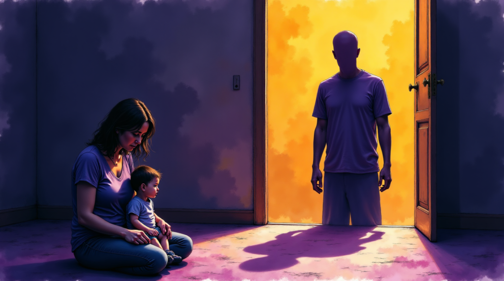 femme piégée par des liens invisibles d'un berceau et d'un homme souriant, symbolisant l'emprise et le contrôle toxique parental.