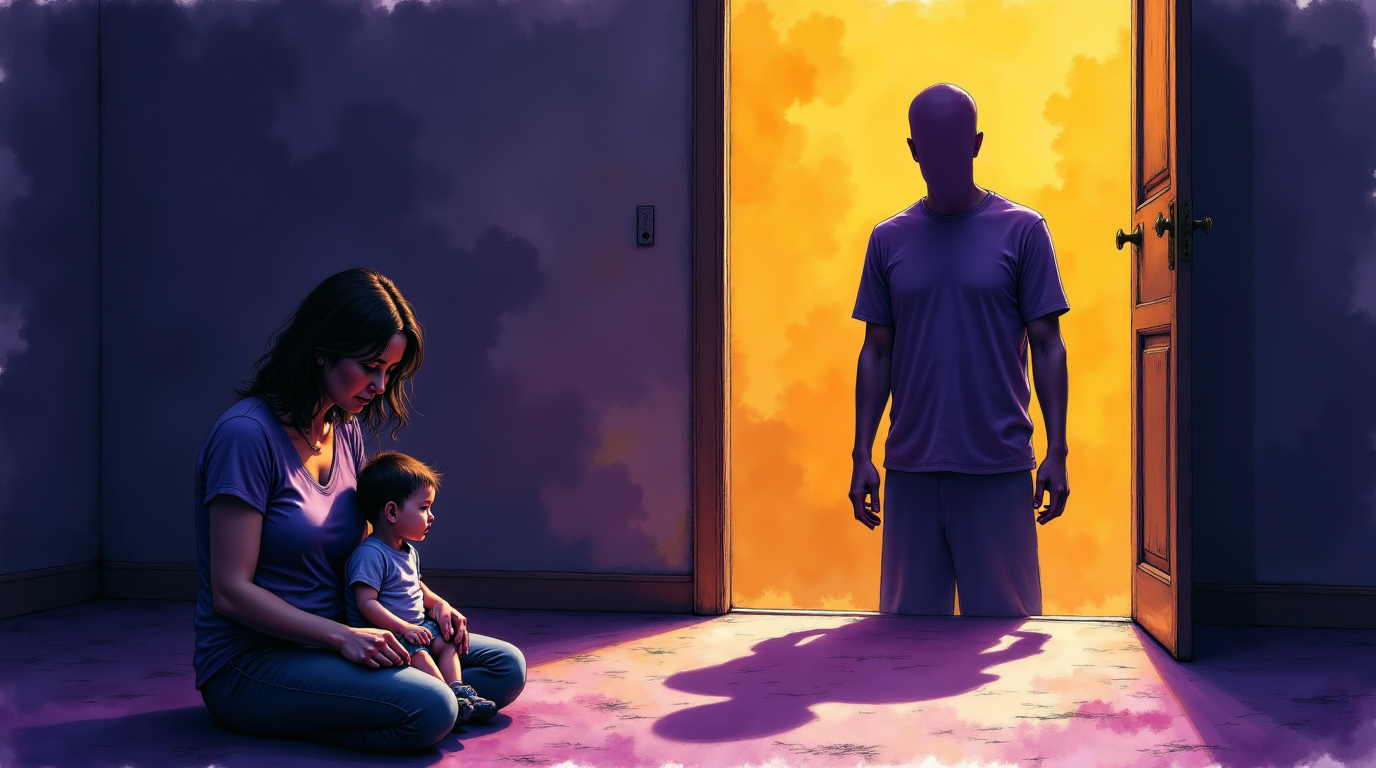 femme piégée par des liens invisibles d'un berceau et d'un homme souriant, symbolisant l'emprise et le contrôle toxique parental.