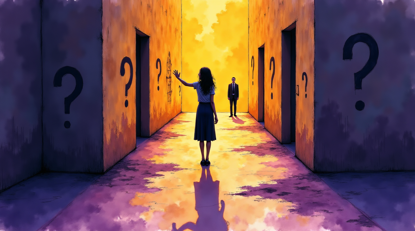 femme perdue dans un labyrinthe de questions, cherchant à identifier un pervers narcissique, tandis qu'un homme manipulateur l'observe de loin.
