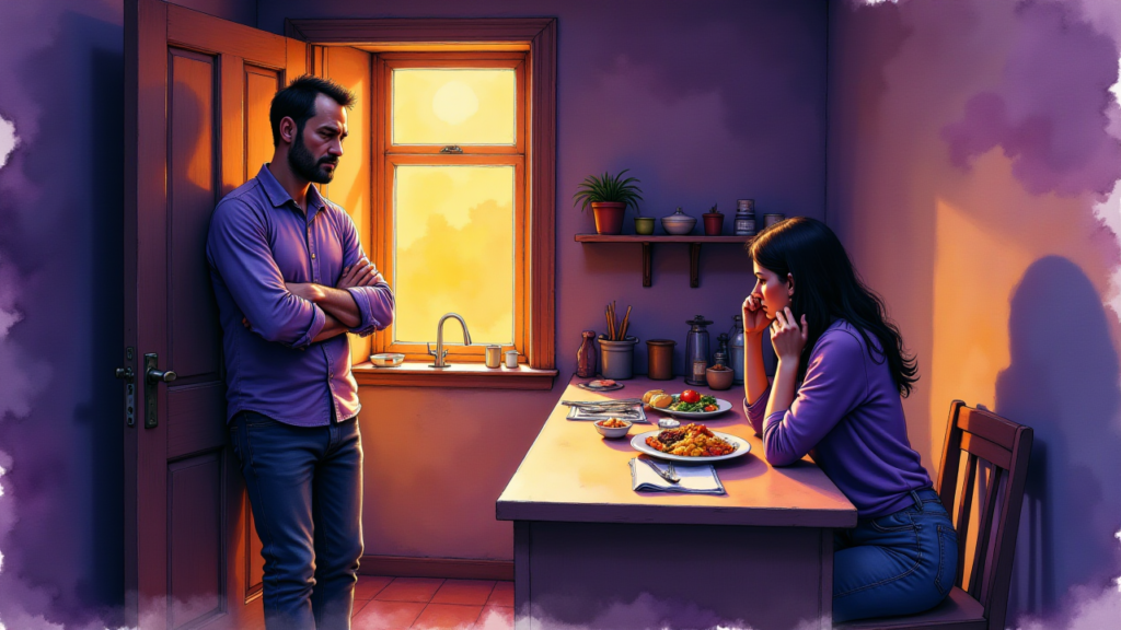 Un homme adossé à une porte de cuisine, un rictus, observe une femme courbée au comptoir, le regard baissé. Son ombre l'enveloppe.