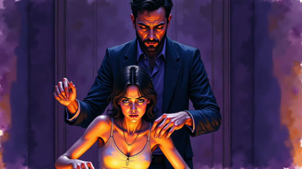 Une femme pion sur un échiquier géant, dominée par une main masculine, symbolisant le conditionnement manipulateur et la perte de contrôle.