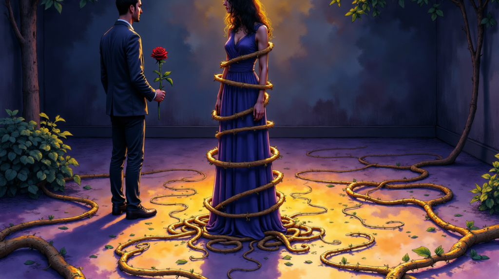 femme piégée par des vignes dorées, un homme l'observe avec une rose fanée, symbolisant l'amour toxique et ses pièges