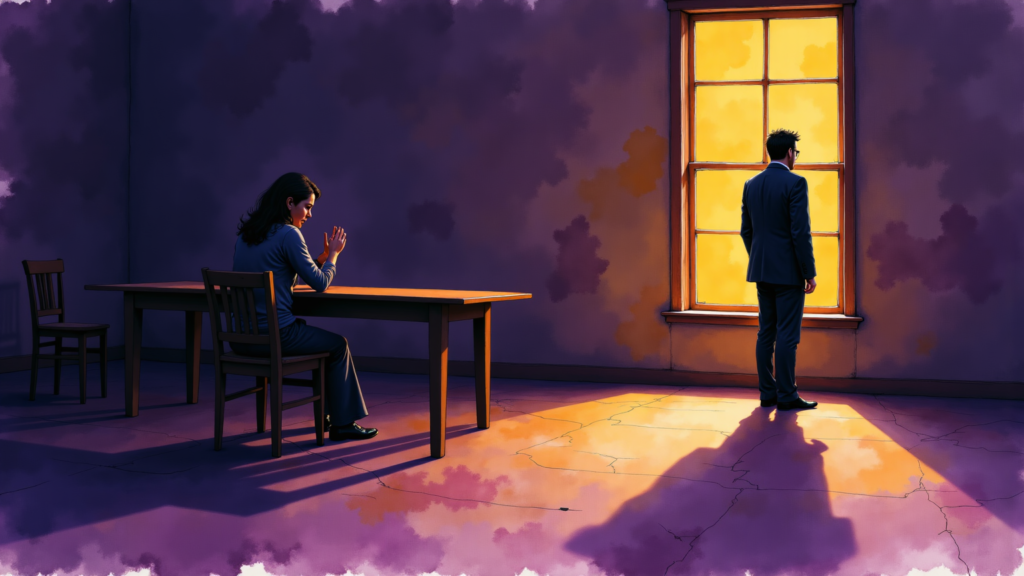 Un homme, dos tourné, ignore une femme assise à l'autre bout d'une longue table. Elle exprime confusion et douleur, cherchant son regard.