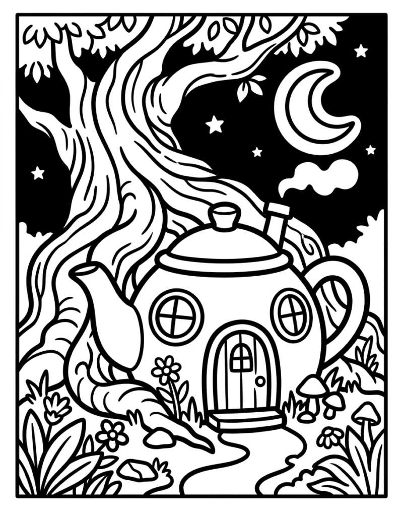 Coloriage maison-théière avec fenêtres rondes, grand arbre, ciel nocturne avec lune et étoiles, champignons et ruisseau