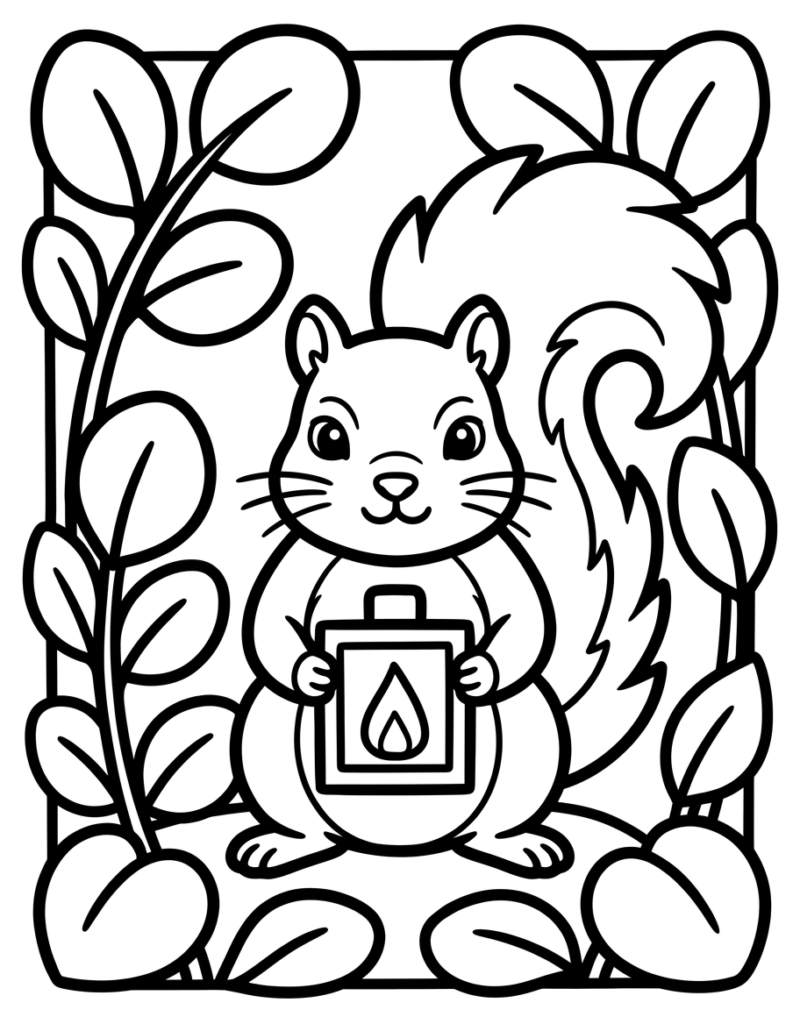 Coloriage écureuil mignon tenant une lanterne, encadré de branches à feuilles rondes, style kawaii