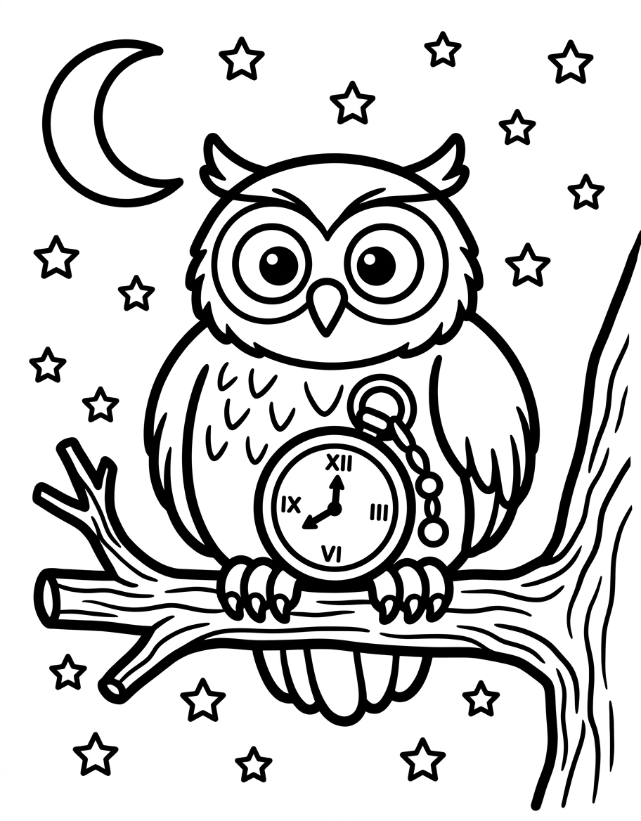 Coloriage hibou avec montre à gousset perché sur une branche, ciel nocturne avec lune et étoiles
