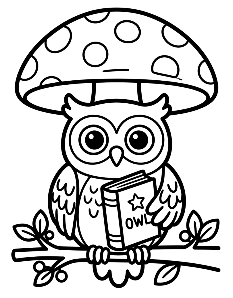 Coloriage hibou lisant un livre marqué "owl", assis sous un champignon à pois, branche feuillue