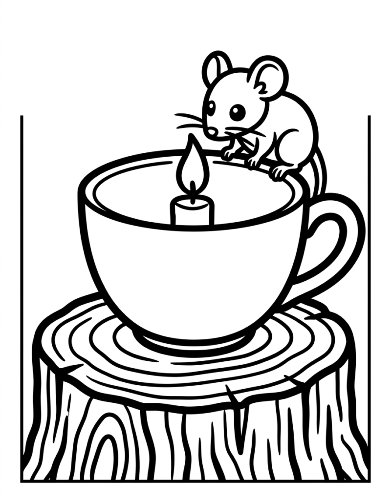 Coloriage souris assise sur le bord d'une tasse avec une bougie, posée sur une souche d'arbre