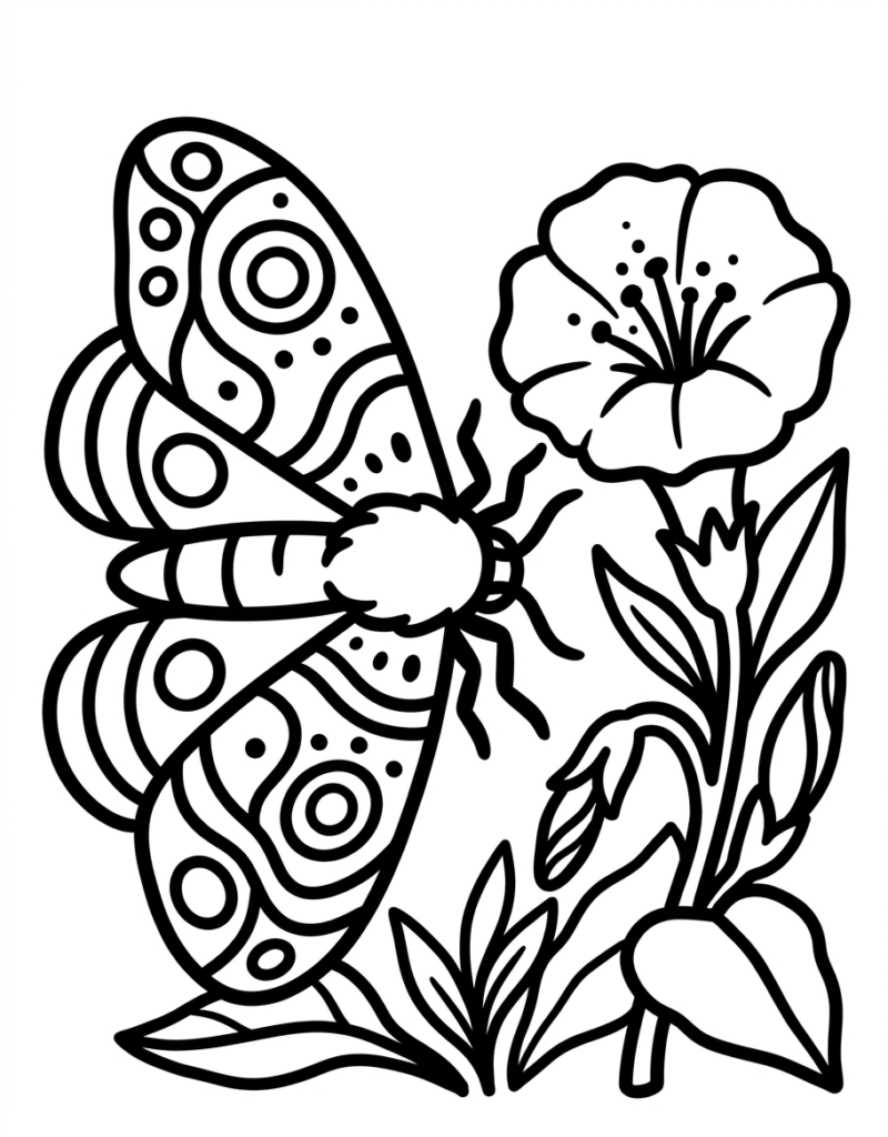 Coloriage papillon de nuit (moth) aux ailes décorées posé sur une fleur, feuillage, style bold
