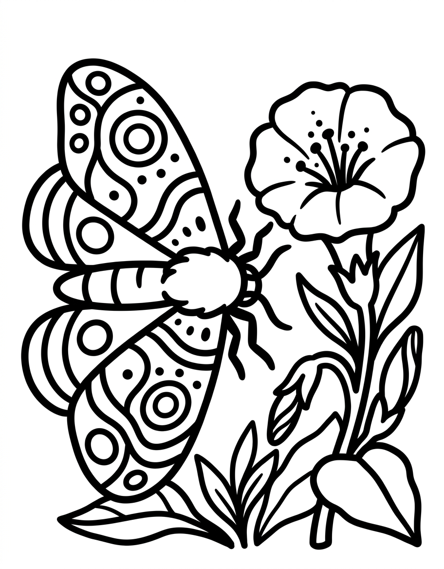 Coloriage papillon de nuit (moth) aux ailes décorées posé sur une fleur, feuillage, style bold