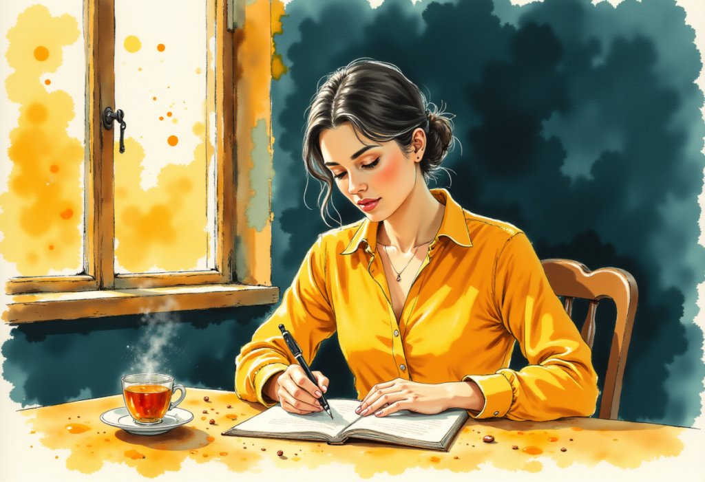 Femme qui ecrit dans un carnet pres d'une fenetre