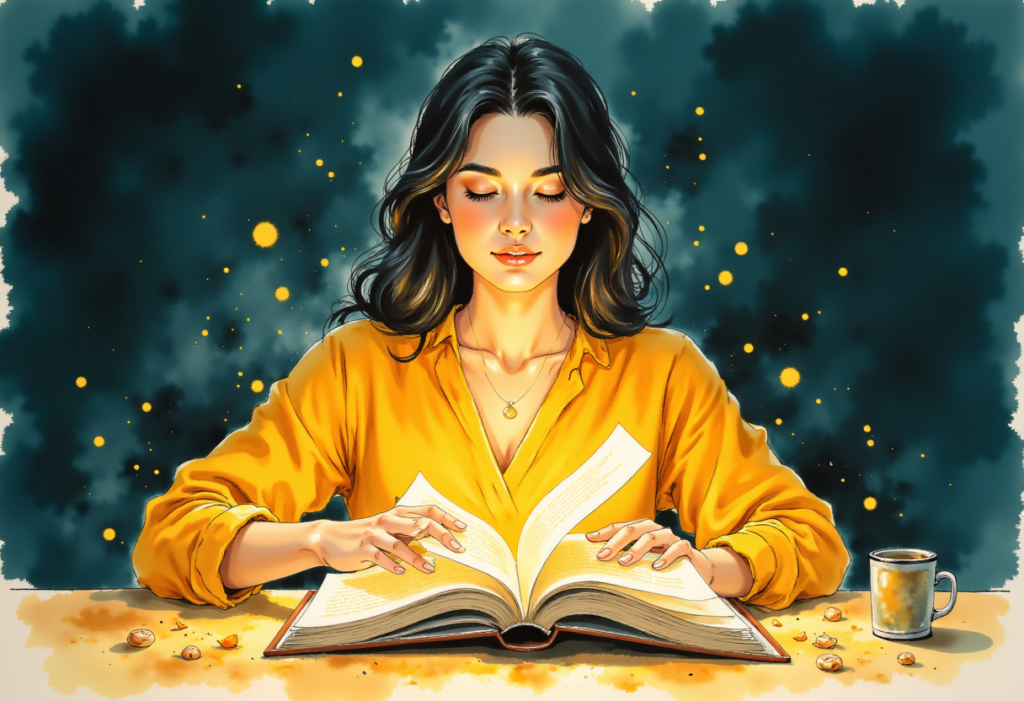 Femme ouvrant un livre d'ou monte une lumiere doree