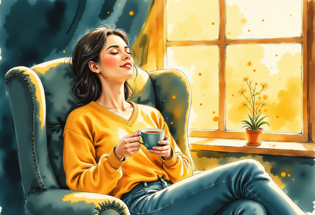Femme sereine dans un fauteuil, une tasse de the dans les mains
