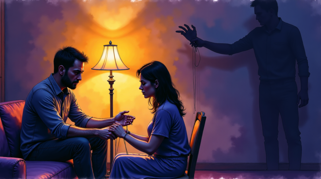 une femme réalise qu'elle est manipulée par un homme invisiblement, symbolisant le contrôle et les relations toxiques dans un salon sombre.