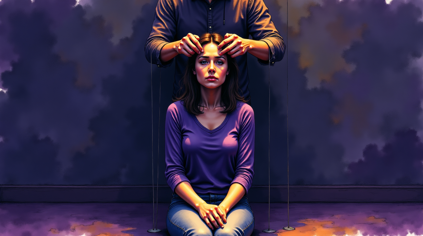 une femme confuse regarde son reflet déformé dans un miroir, symbolisant le doute de soi et l'emprise d'une silhouette masculine menaçante.