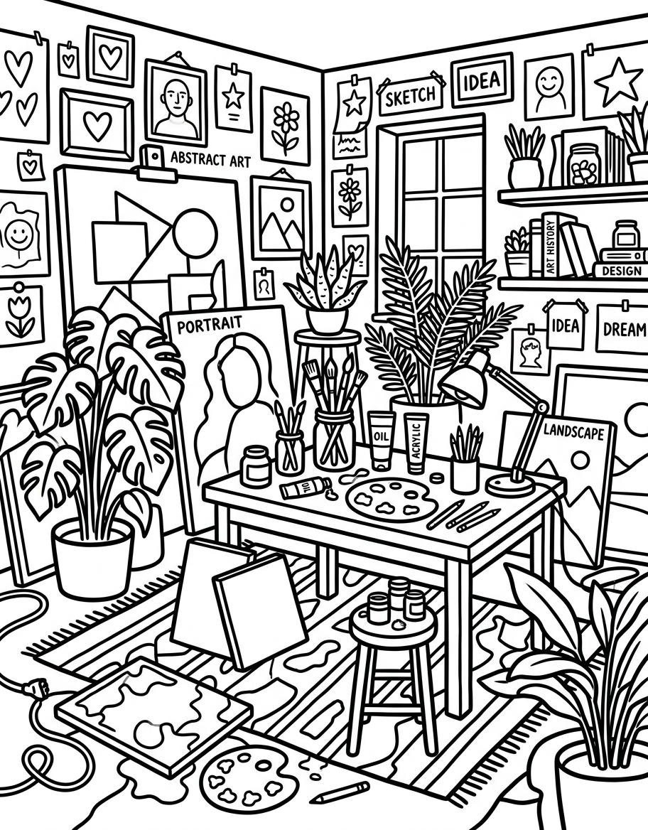 Coloriage intérieur maximaliste - atelier d'artiste