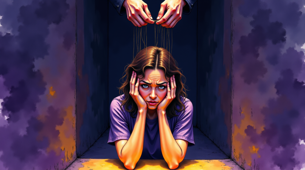 Femme confuse devant son reflet déformé dans un miroir, un homme avec une lampe à gaz derrière elle, symbolisant l'emprise du gaslighting.