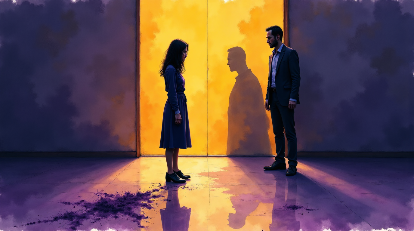 femme vulnérable dont le reflet se fragmente et disparaît, causé par un homme imposant, symbolisant la dévalorisation en couple