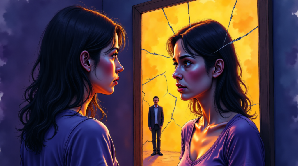 homme posant une cage vide sur le dos d'une femme courbée, symbolisant le poids invisible de la culpabilité et la manipulation