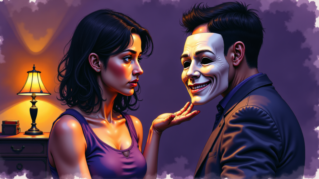 Un homme au visage masqué se fissure, révélant une expression froide, face à une femme angoissée. Son ombre déformée l'enveloppe.