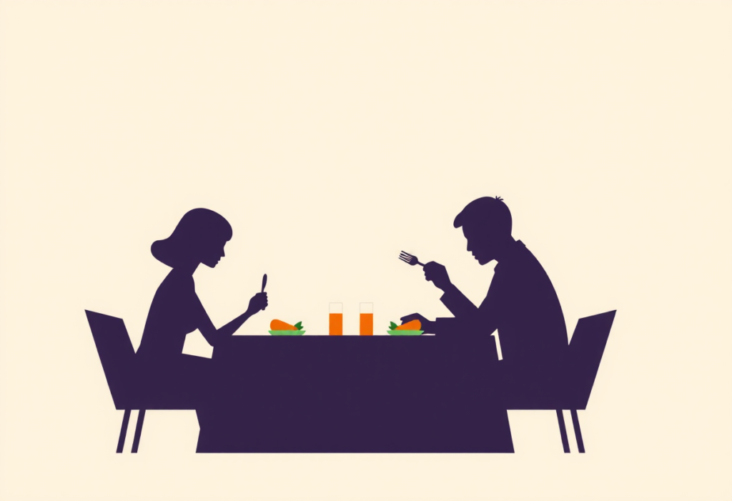 Illustration : il l'ignore, sa fourchette reste suspendue