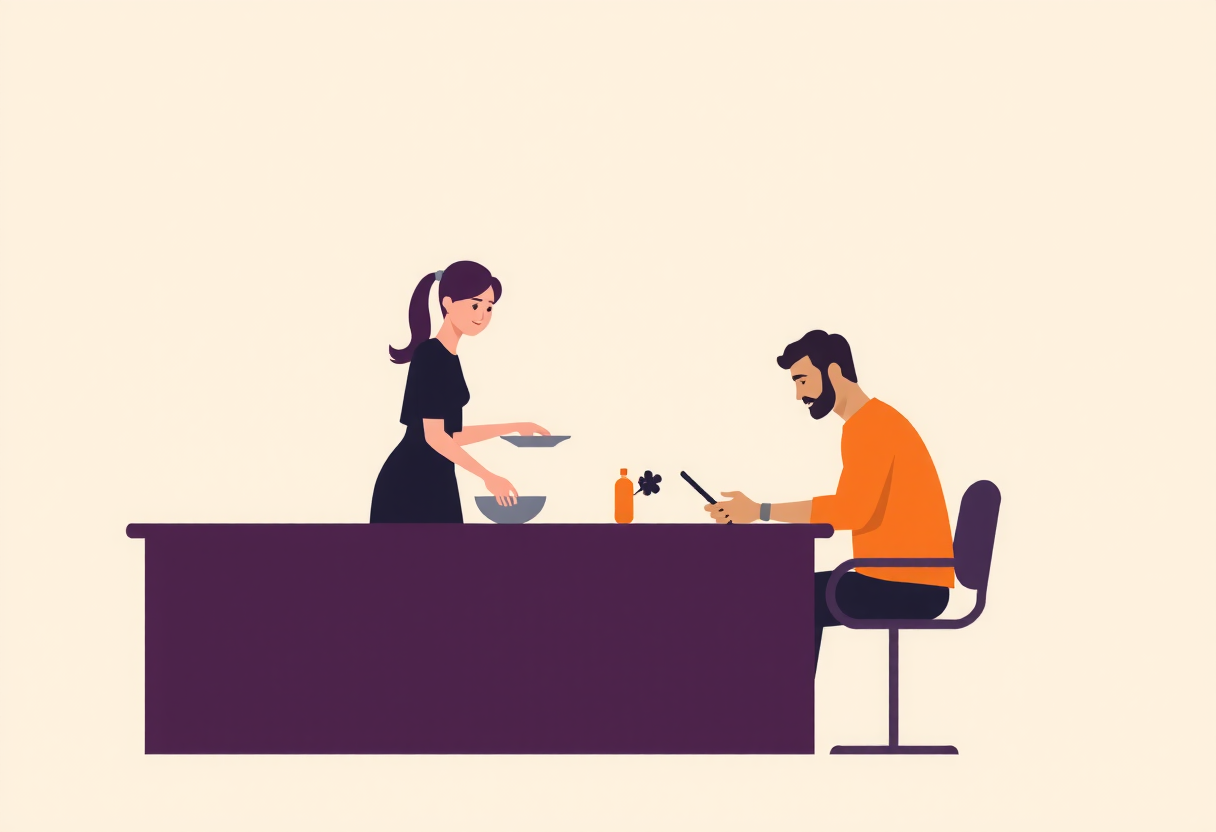 Illustration : elle fait la vaisselle, lui sur son tel