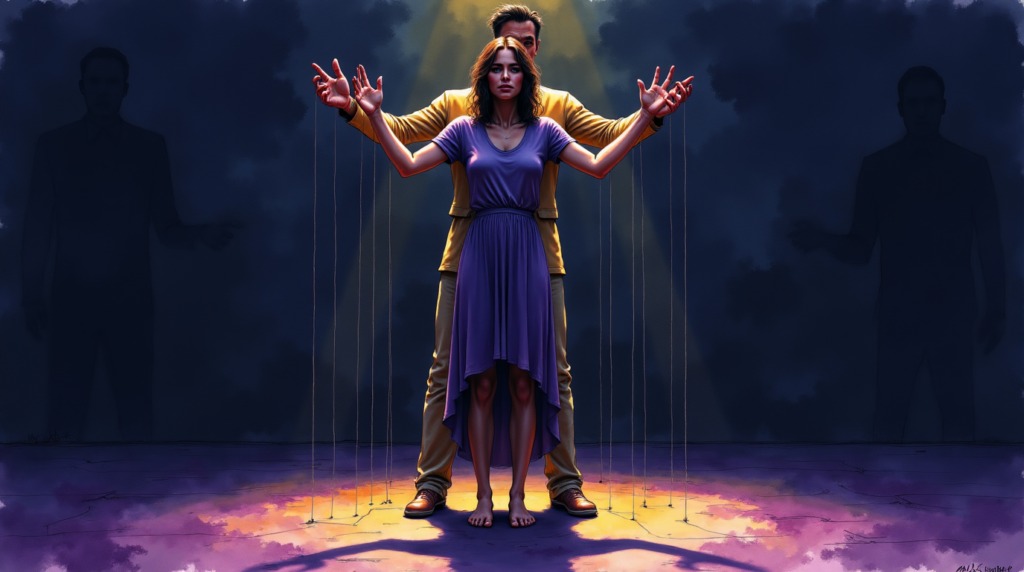 un homme manipulant une femme avec des ficelles de marionnette, symbolisant le contrôle et la psychologie noire dans les relations toxiques.