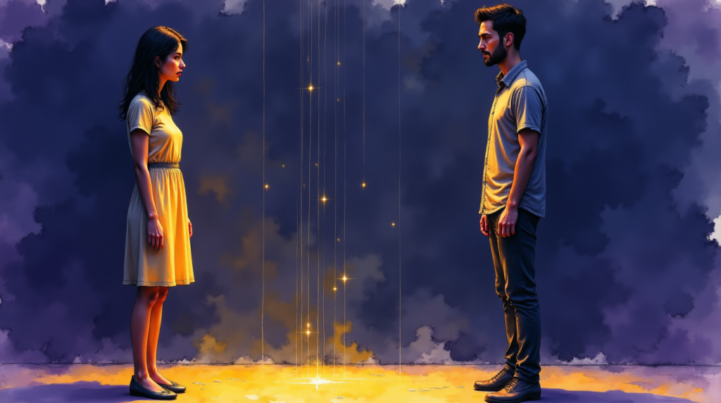 femme lâche une corde nouée symbolisant une relation toxique, se libérant d'un fardeau tandis qu'un homme observe