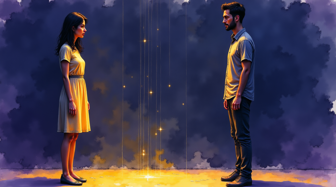 femme lâche une corde nouée symbolisant une relation toxique, se libérant d'un fardeau tandis qu'un homme observe