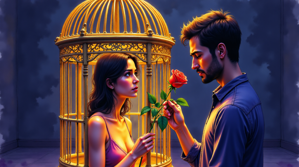 femme à la porte ouverte, retenue par un lien invisible à un homme, symbolisant le paradoxe de l'attachement toxique