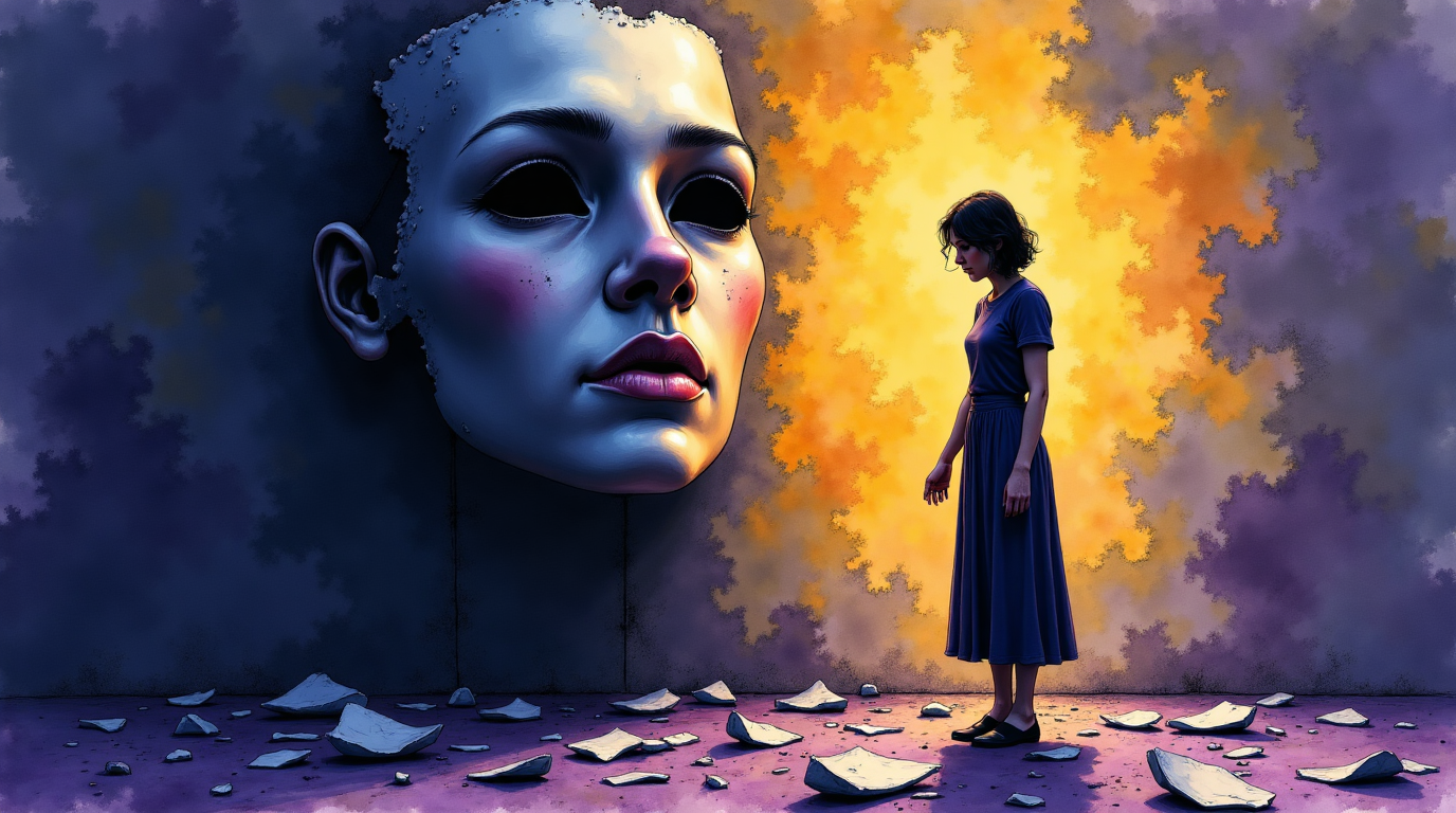femme forte se libérant de chaînes invisibles, un homme s'éloigne, masque brisé, lumière sur son visage, reconstruire son estime de soi.