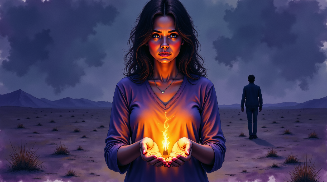 femme rayonnant de lumière dorée, repoussant une ombre masculine menaçante, symbolisant la guérison après une relation toxique et la force retrouvée