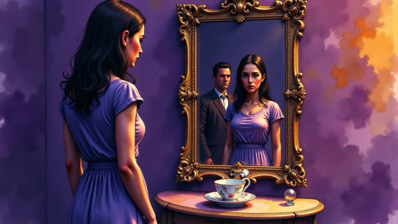 Une femme de 35 ans regarde son reflet confus et distordu dans un miroir doré, dans un salon victorien. Le reflet de la pièce est clair.