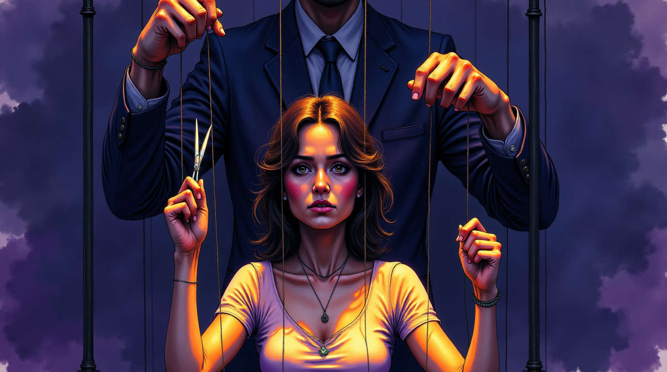 femme déconcertée face à un miroir déformant, un homme manipule son reflet, un bouclier de lucidité apparaît